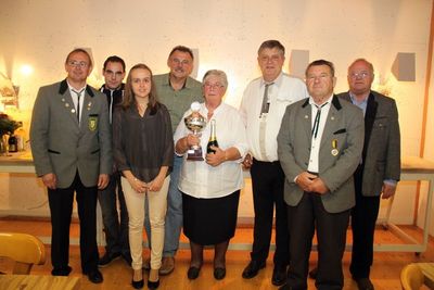 1. Schießleiter Thomas Drick mit v.li. Mathias Graf (3. Pokal), Christina Drick (3. Serie Meister), Karl Schmid (2. Pokal), Emma Riedl (Pokalgewinnerin und 1. bei Serie Glück), Marvin Thomas (1. Serie Meister und 3. Serie Glück), Konrad Riedl (2. Serie